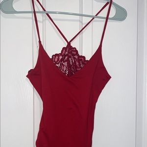 Red lace open back thong bodysuit